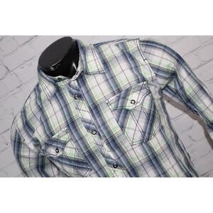 Skully Western Shirt Mens Medium Blue Green Plaid Button Snaps Pocket